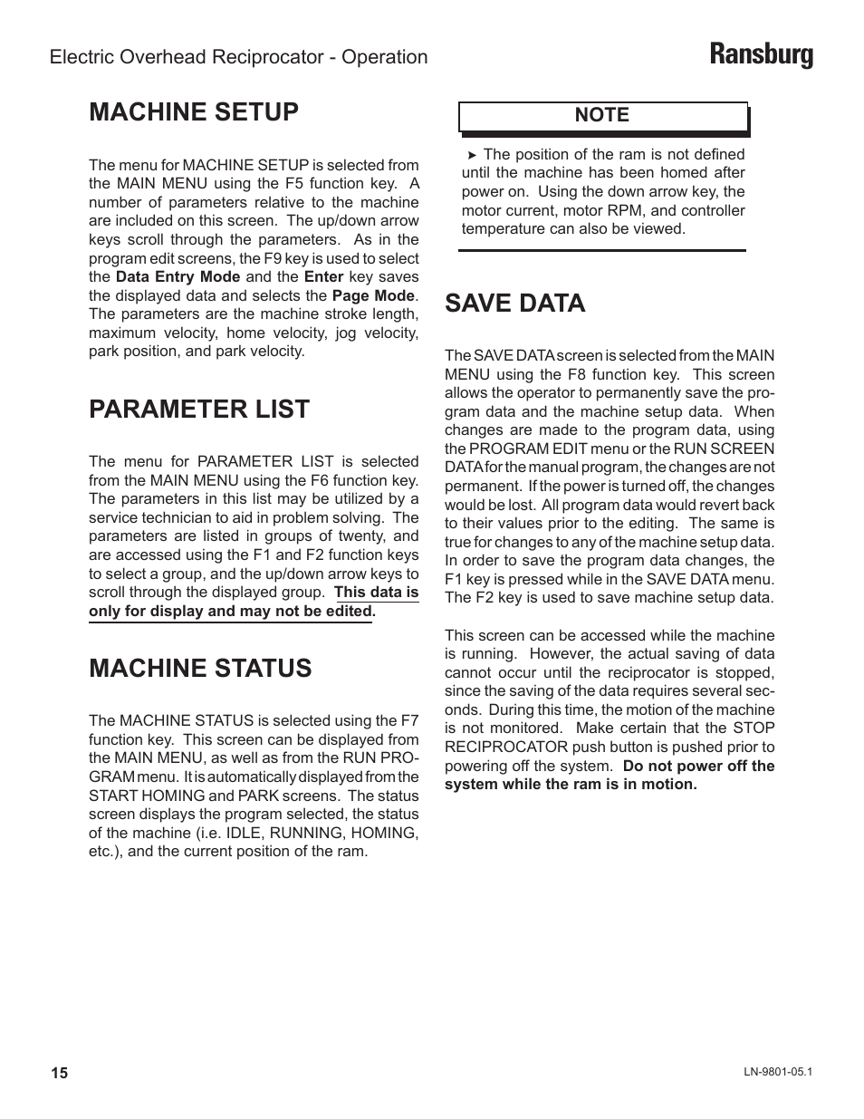 Ransburg, Save data, Machine setup | Parameter list, Machine status | Ransburg Overhead Electric Reciprocator ER-8100 User Manual | Page 18 / 54