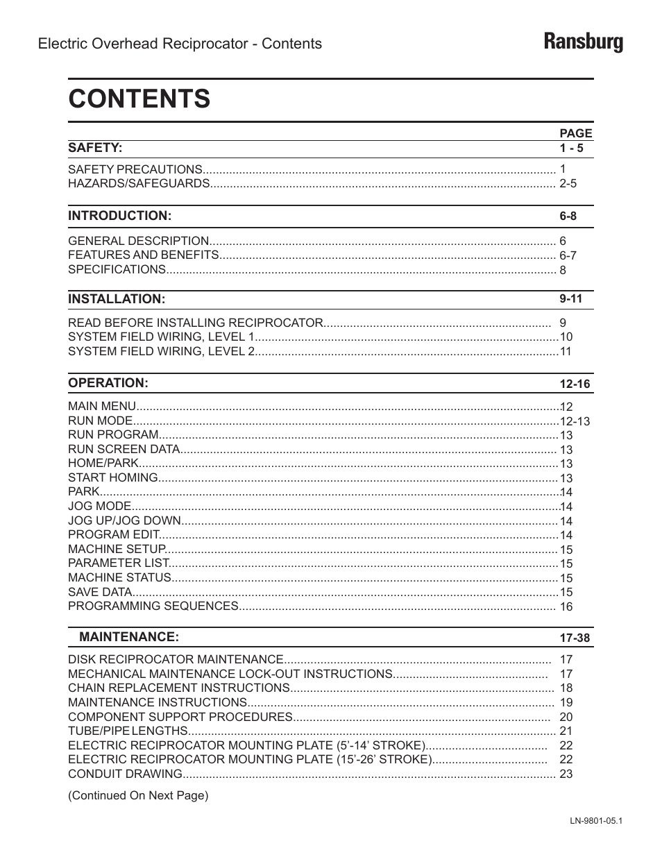 Ransburg Overhead Electric Reciprocator ER-8100 User Manual | Page 2 / 54