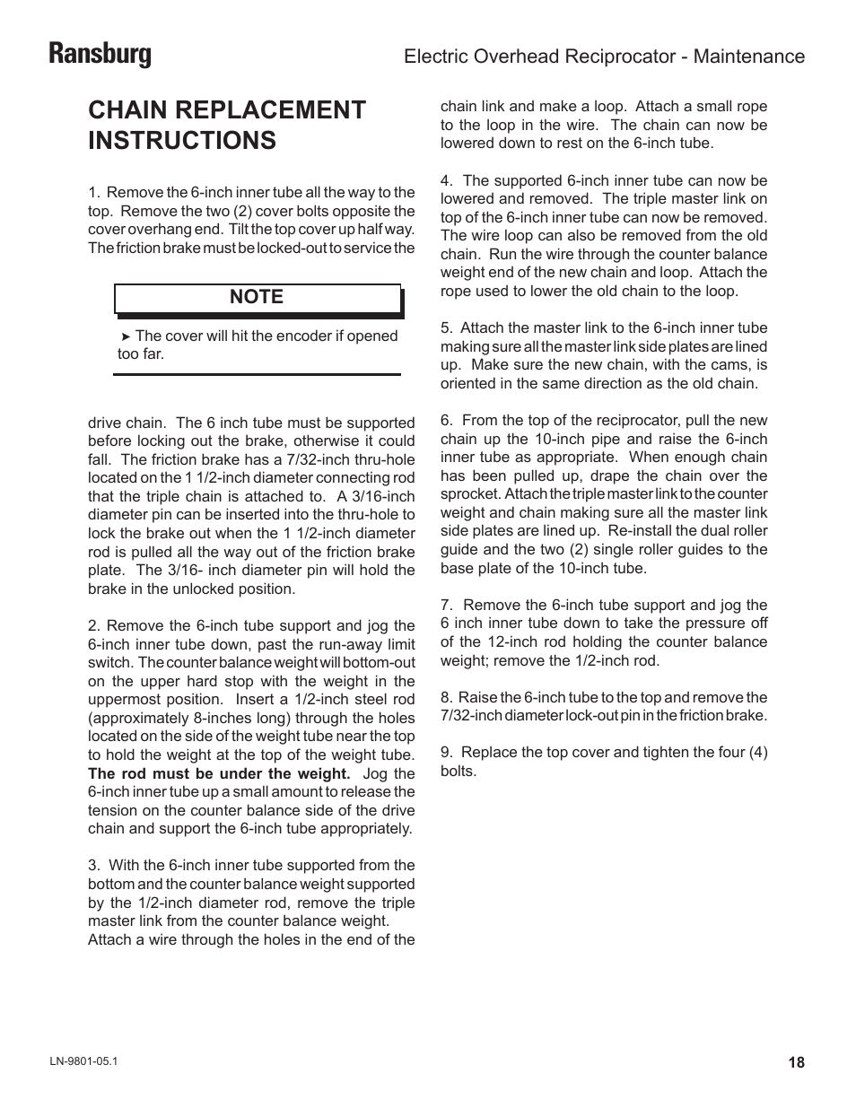 Ransburg, Chain replacement instructions | Ransburg Overhead Electric Reciprocator ER-8100 User Manual | Page 21 / 54