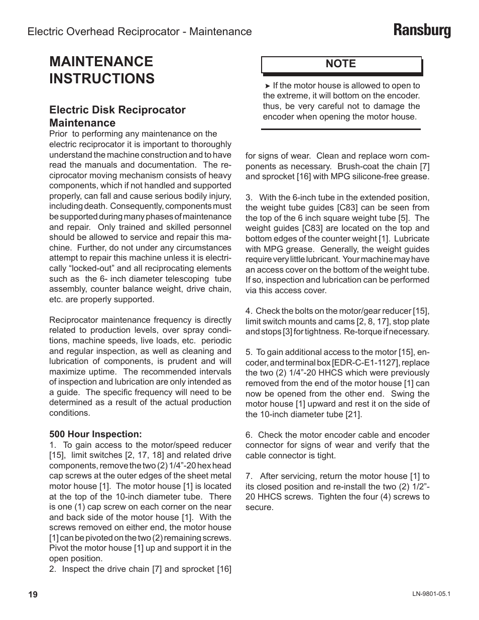 Ransburg, Maintenance instructions | Ransburg Overhead Electric Reciprocator ER-8100 User Manual | Page 22 / 54