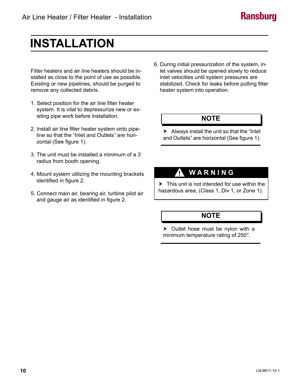 Installation, Ransburg | Ransburg Air Line and Filter Heater A13230 User Manual | Page 12 / 16