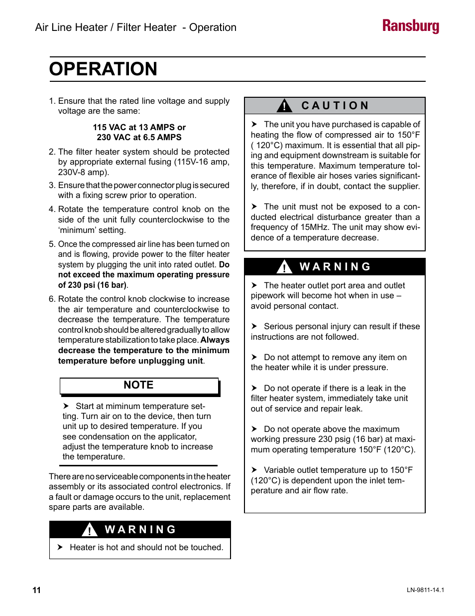 Operation, Ransburg | Ransburg Air Line and Filter Heater A13230 User Manual | Page 13 / 16