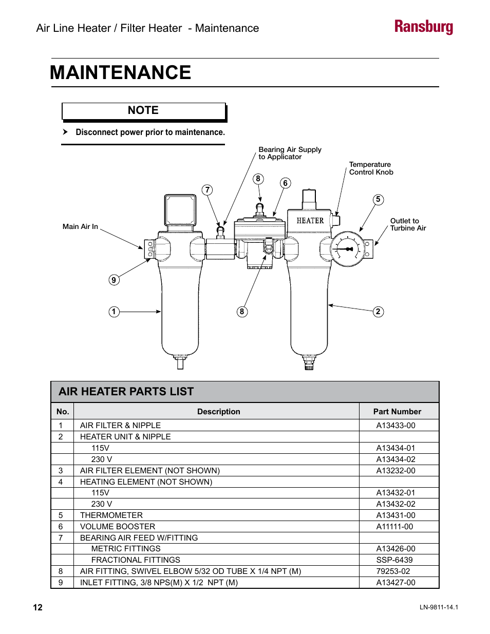 Maintenance, Air heater parts list, Ransburg | Air line heater / filter heater - maintenance | Ransburg Air Line and Filter Heater A13230 User Manual | Page 14 / 16