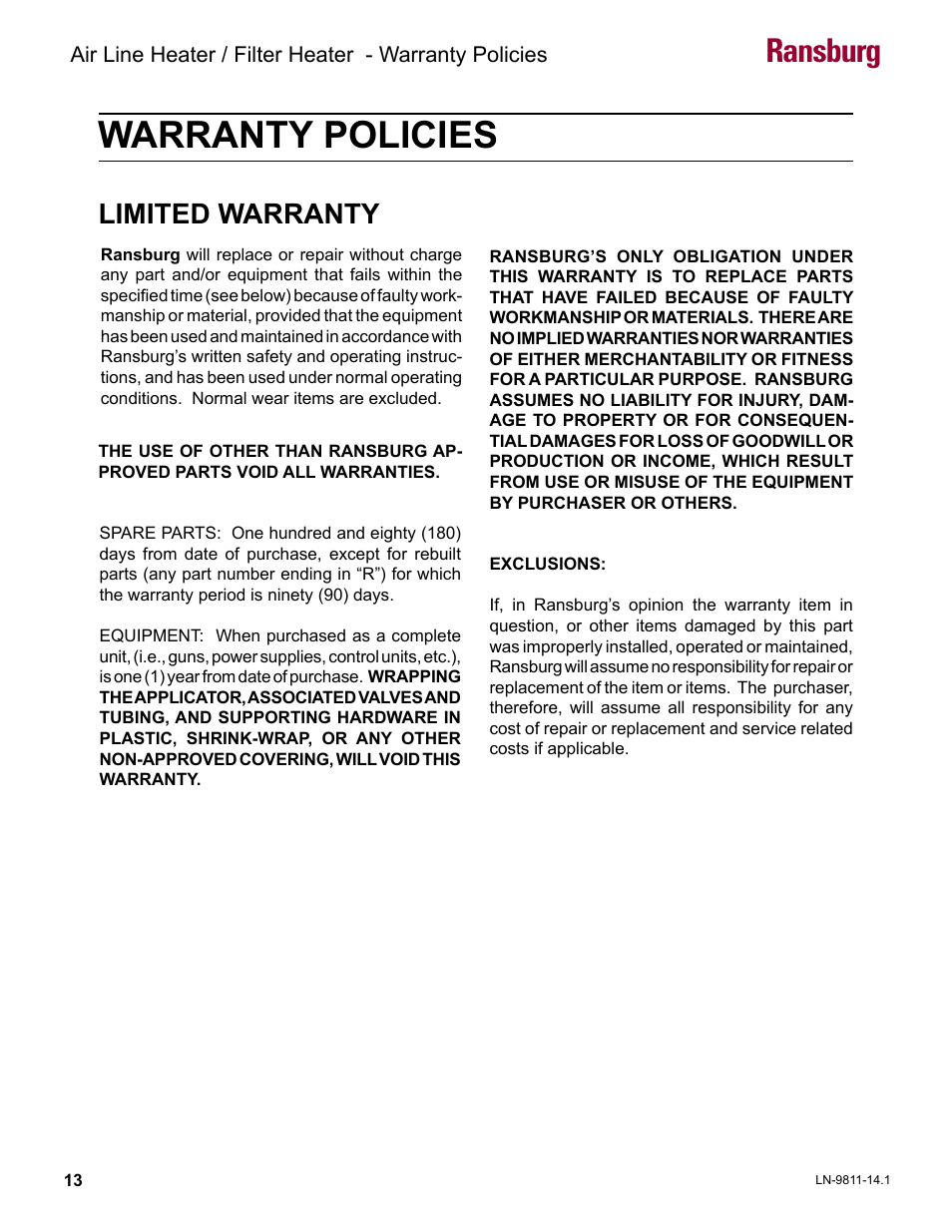 Warranty policies, Ransburg, Limited warranty | Ransburg Air Line and Filter Heater A13230 User Manual | Page 15 / 16