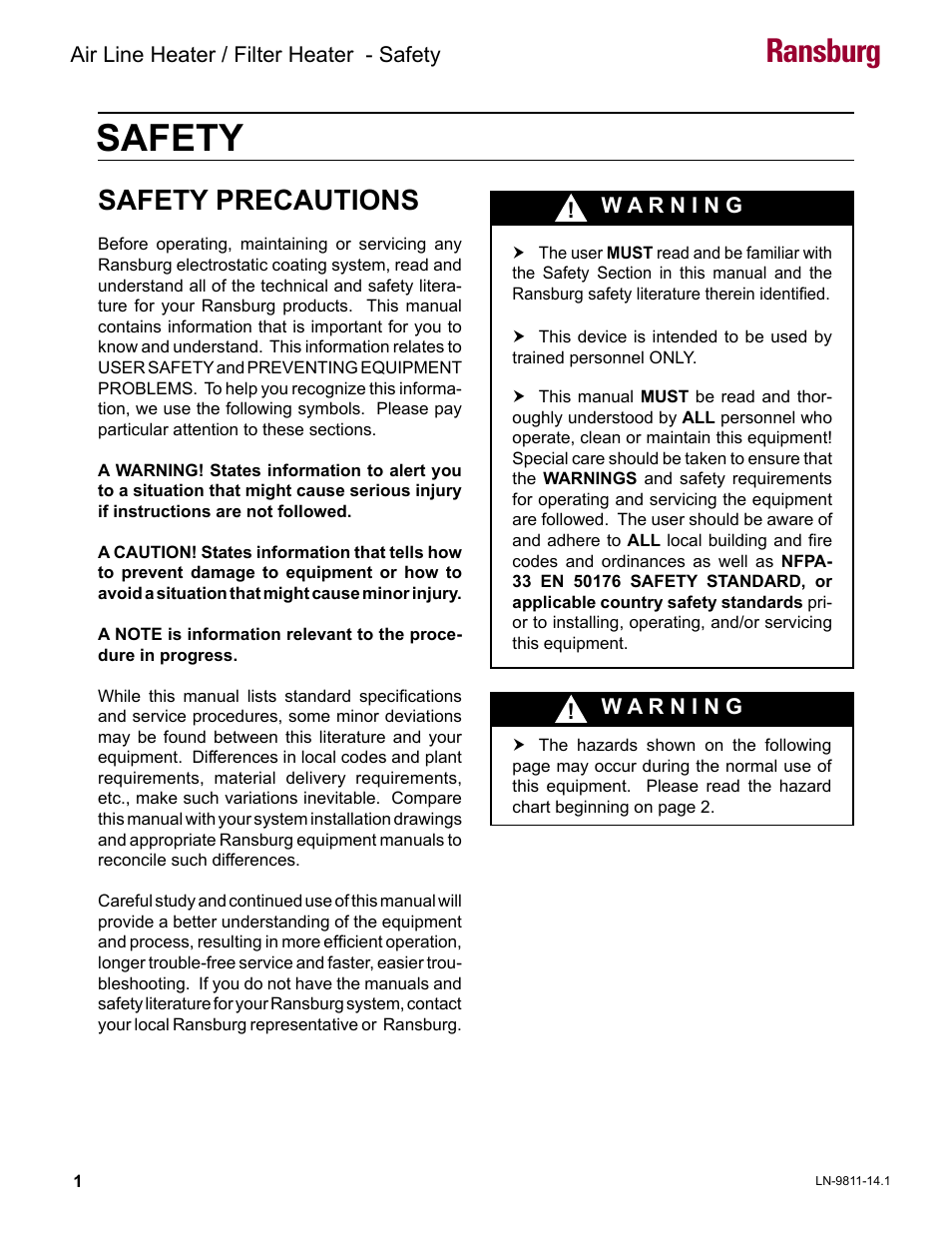 Safety, Ransburg, Safety precautions | Ransburg Air Line and Filter Heater A13230 User Manual | Page 3 / 16