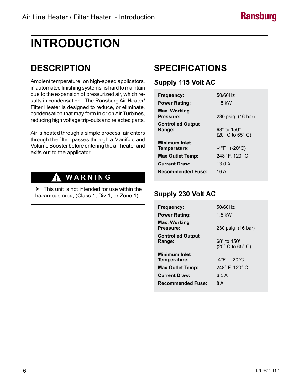 Introduction, Description, Specifications | Ransburg, Air line heater / filter heater - introduction, Supply 115 volt ac, Supply 230 volt ac | Ransburg Air Line and Filter Heater A13230 User Manual | Page 8 / 16