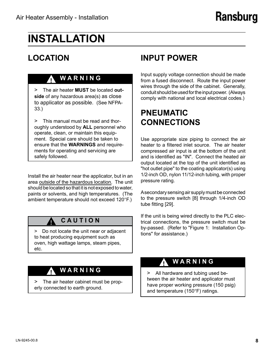 Installation, Location, Input power | Pneumatic connections | Ransburg Air Heater Assy. A11065-05 User Manual | Page 11 / 26