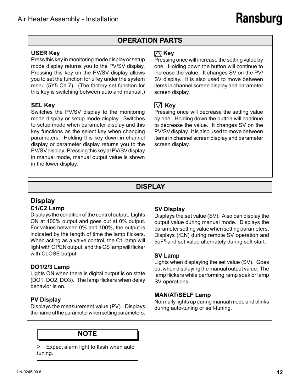 Operation parts display, Display air heater assembly - installation | Ransburg Air Heater Assy. A11065-05 User Manual | Page 15 / 26