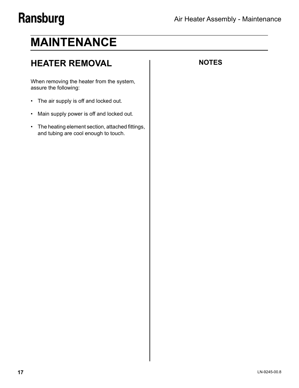 Maintenance, Heater removal | Ransburg Air Heater Assy. A11065-05 User Manual | Page 20 / 26