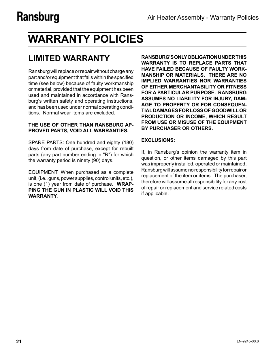 Warranty policies, Limited warranty | Ransburg Air Heater Assy. A11065-05 User Manual | Page 24 / 26