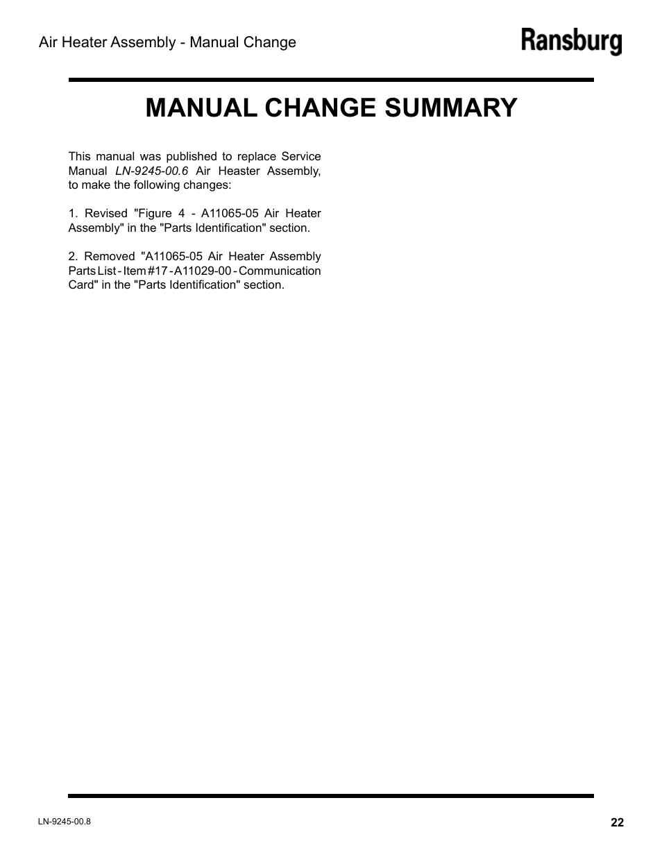 Manual change summary | Ransburg Air Heater Assy. A11065-05 User Manual | Page 25 / 26