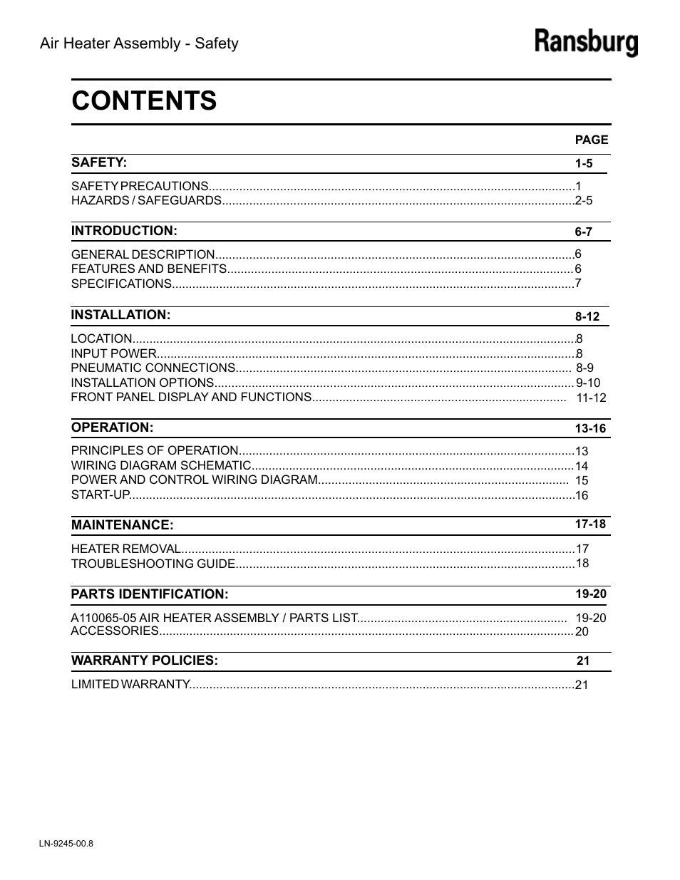 Ransburg Air Heater Assy. A11065-05 User Manual | Page 3 / 26