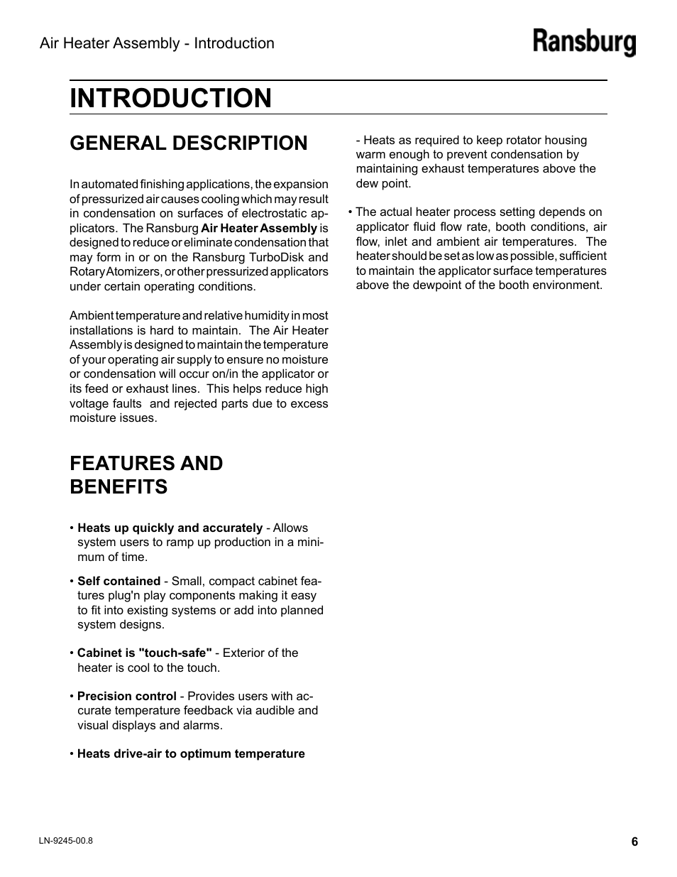 Introduction, General description, Features and benefits | Ransburg Air Heater Assy. A11065-05 User Manual | Page 9 / 26