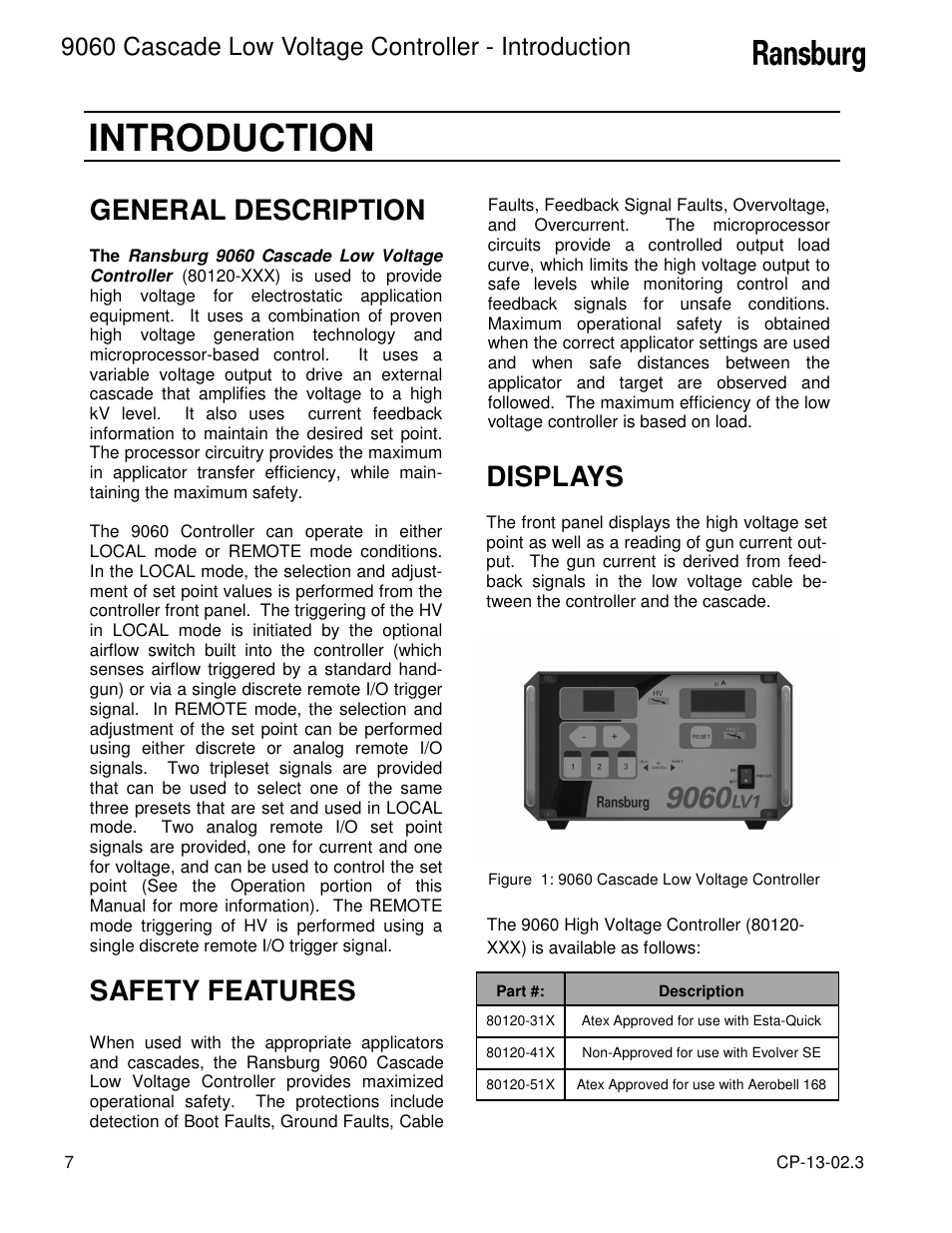 Introduction, General description, Safety features | Displays, 9060 cascade low voltage controller - introduction | Ransburg 9060 LV Cascade Controller 80120-XXX User Manual | Page 12 / 60