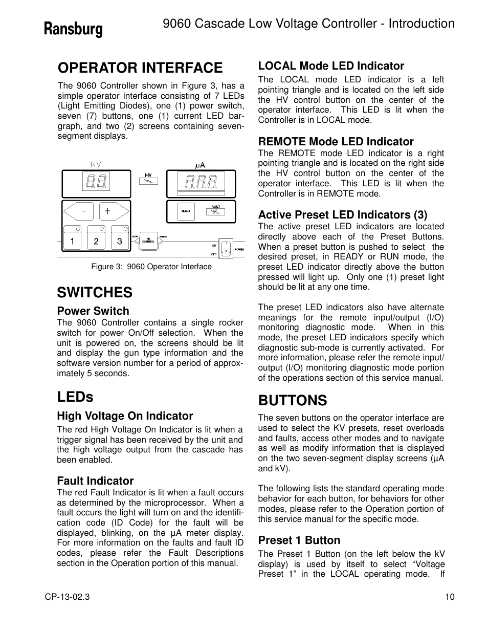 Operator interface, Switches, Leds | Buttons, 9060 cascade low voltage controller - introduction | Ransburg 9060 LV Cascade Controller 80120-XXX User Manual | Page 15 / 60