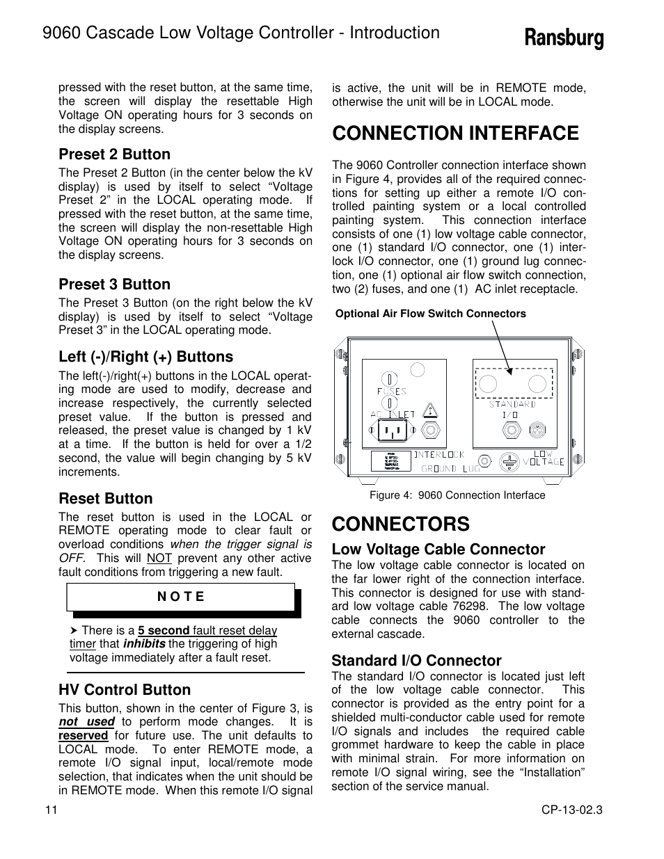 Connection interface, Connectors, 9060 cascade low voltage controller - introduction | Ransburg 9060 LV Cascade Controller 80120-XXX User Manual | Page 16 / 60