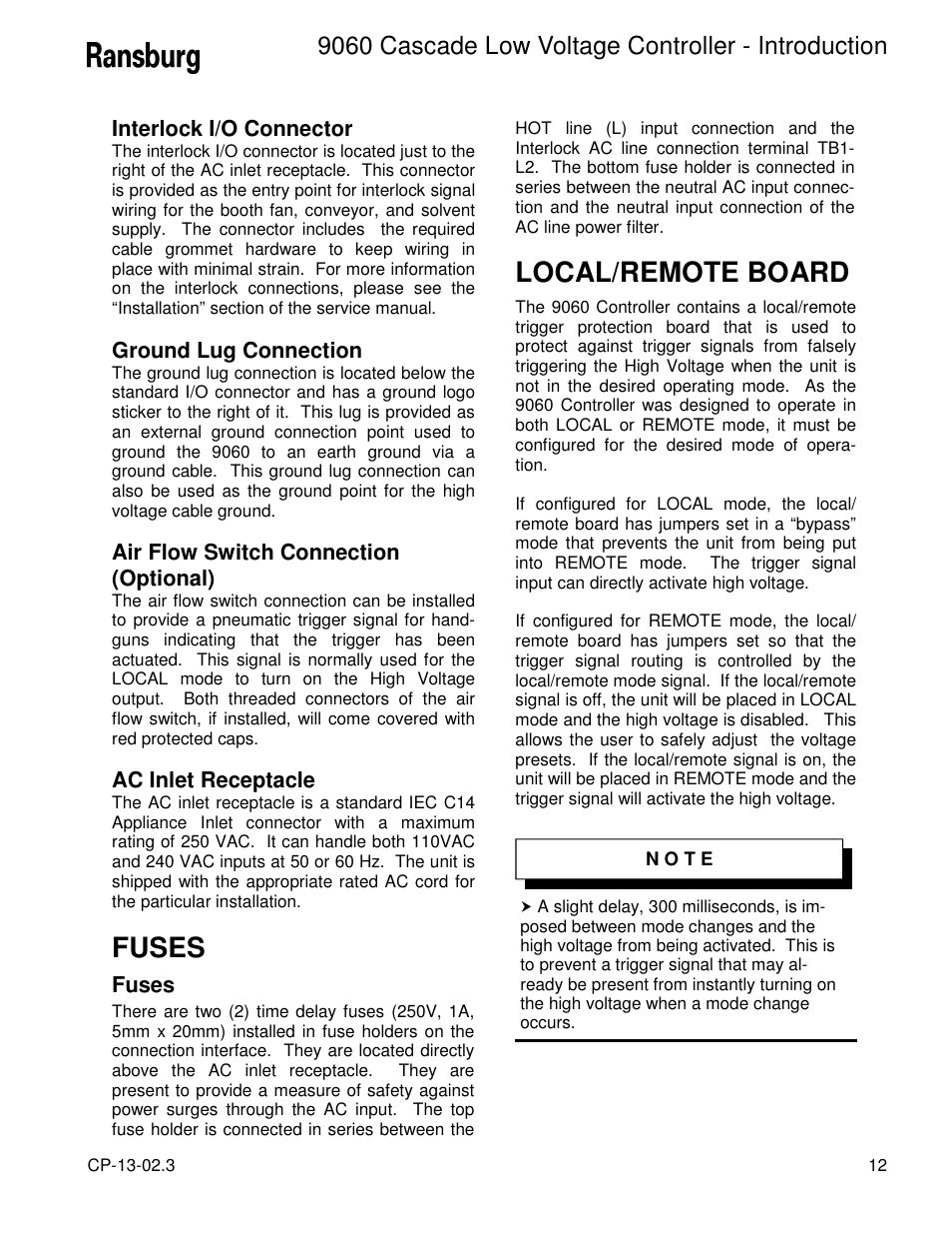 Fuses, Local/remote board, 9060 cascade low voltage controller - introduction | Ransburg 9060 LV Cascade Controller 80120-XXX User Manual | Page 17 / 60