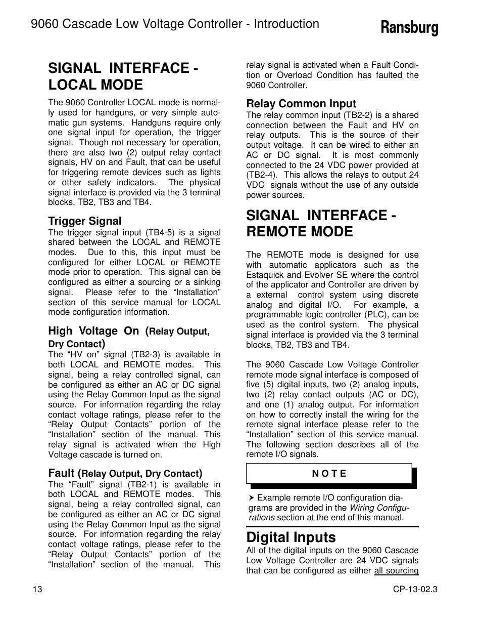 Signal interface - local mode, Signal interface - remote mode, Digital inputs | 9060 cascade low voltage controller - introduction | Ransburg 9060 LV Cascade Controller 80120-XXX User Manual | Page 18 / 60