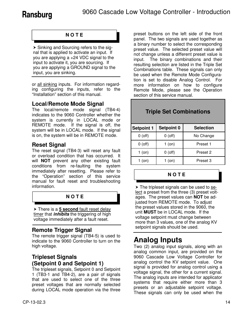 Analog inputs, 9060 cascade low voltage controller - introduction, Local/remote mode signal | Reset signal, Remote trigger signal, Tripleset signals (setpoint 0 and setpoint 1), Triple set combinations | Ransburg 9060 LV Cascade Controller 80120-XXX User Manual | Page 19 / 60