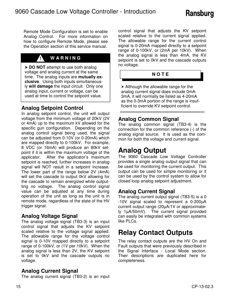 Analog output, Relay contact outputs, 9060 cascade low voltage controller - introduction | Ransburg 9060 LV Cascade Controller 80120-XXX User Manual | Page 20 / 60