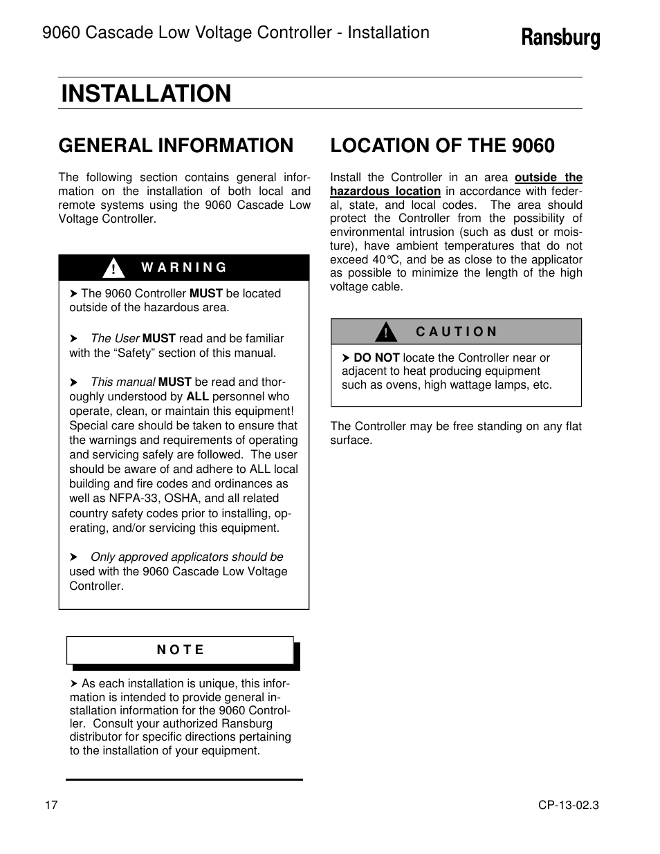 Installation, General information, Location of the 9060 | 9060 cascade low voltage controller - installation | Ransburg 9060 LV Cascade Controller 80120-XXX User Manual | Page 22 / 60