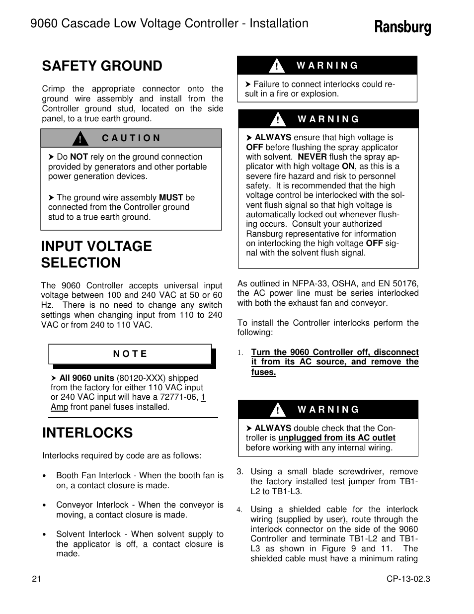 Safety ground, Input voltage selection, Interlocks | 9060 cascade low voltage controller - installation | Ransburg 9060 LV Cascade Controller 80120-XXX User Manual | Page 26 / 60