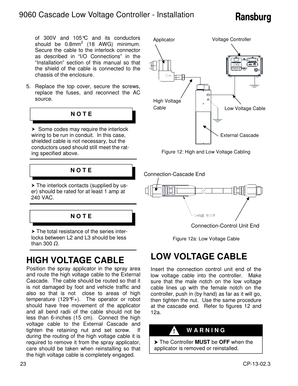 High voltage cable, Low voltage cable, 9060 cascade low voltage controller - installation | Ransburg 9060 LV Cascade Controller 80120-XXX User Manual | Page 28 / 60