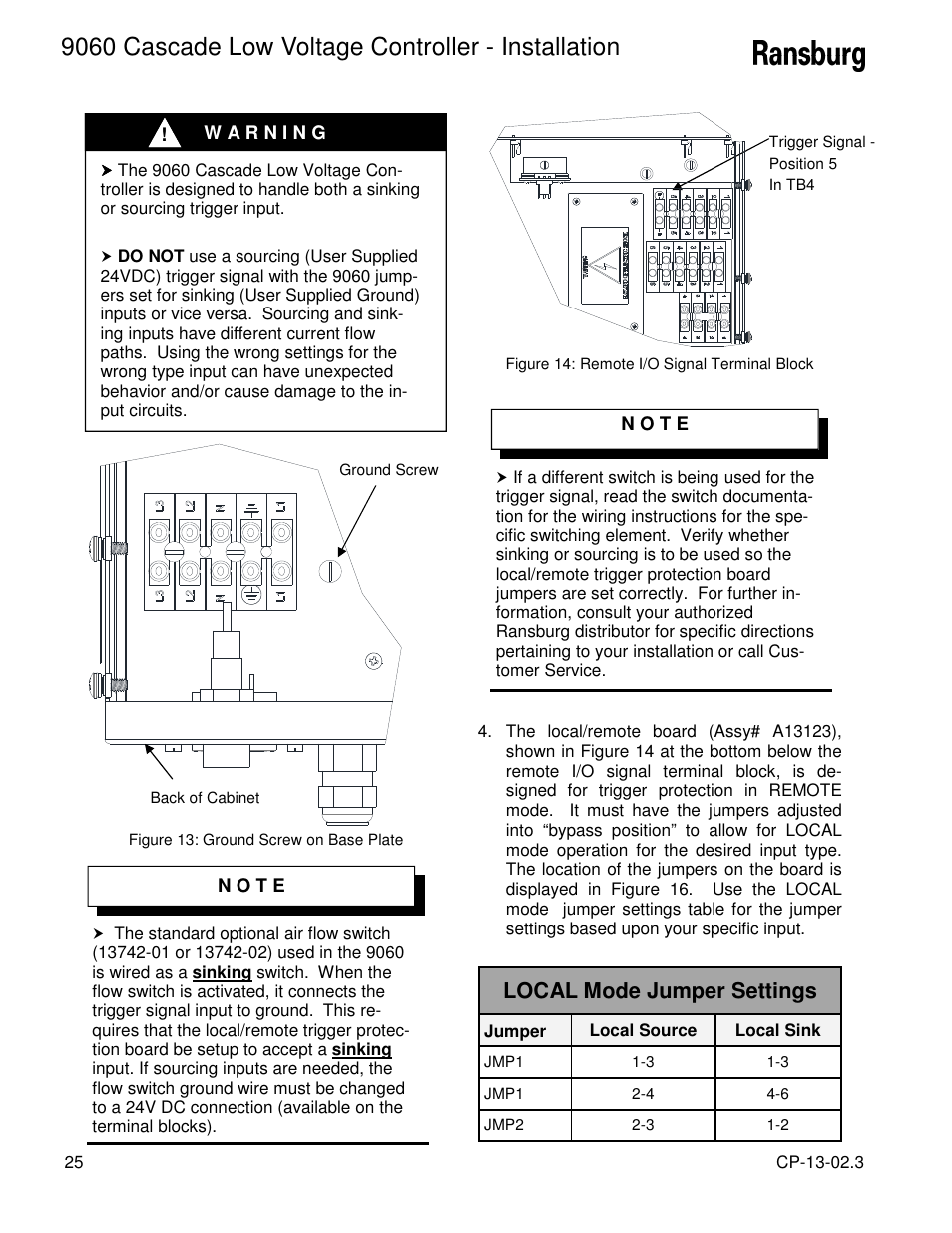 9060 cascade low voltage controller - installation, Local mode jumper settings | Ransburg 9060 LV Cascade Controller 80120-XXX User Manual | Page 30 / 60