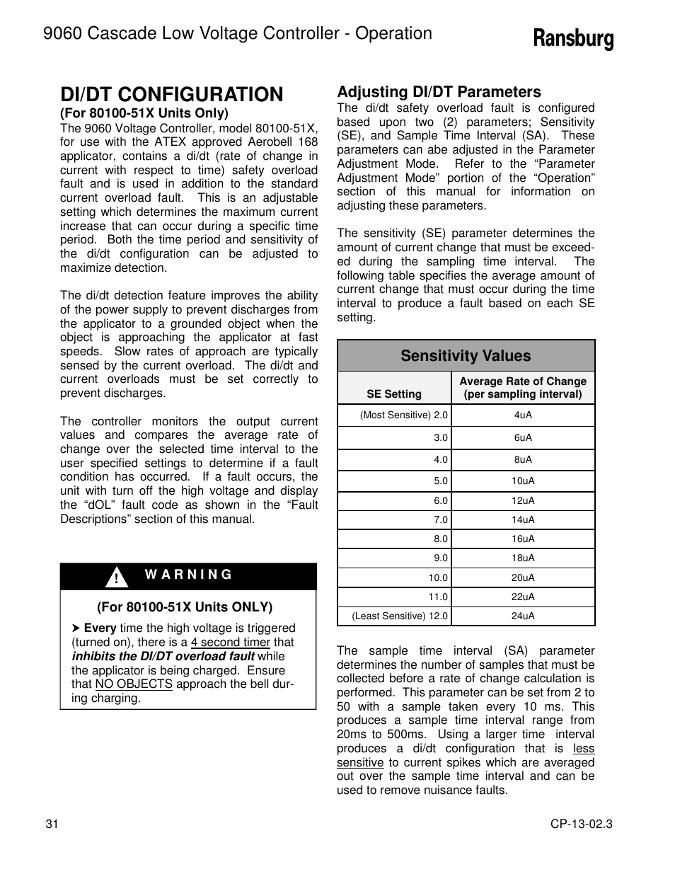 Di/dt configuration, 9060 cascade low voltage controller - operation, Adjusting di/dt parameters | Sensitivity values | Ransburg 9060 LV Cascade Controller 80120-XXX User Manual | Page 36 / 60