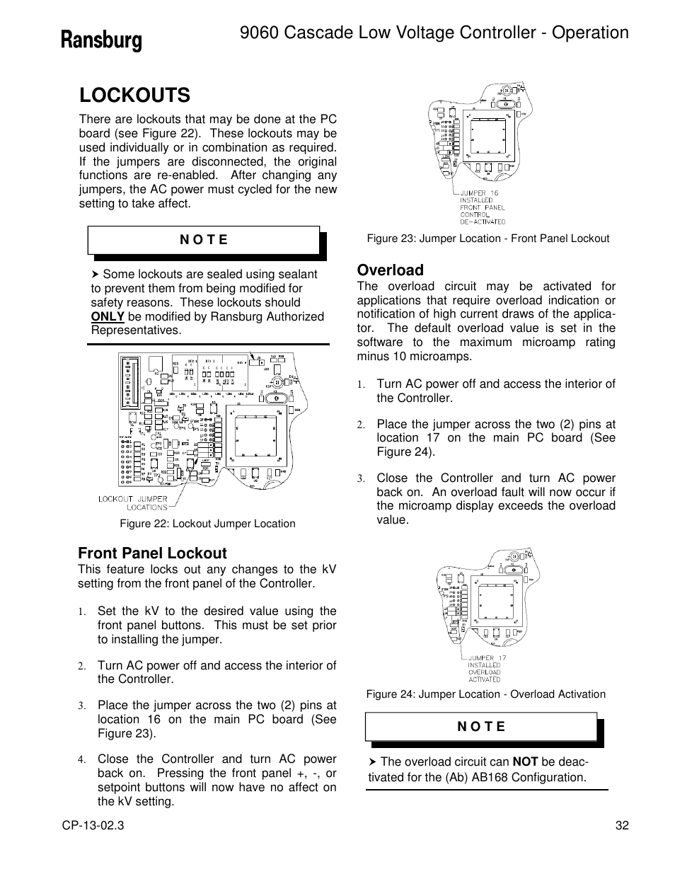 Lockouts, 9060 cascade low voltage controller - operation, Front panel lockout | Overload | Ransburg 9060 LV Cascade Controller 80120-XXX User Manual | Page 37 / 60