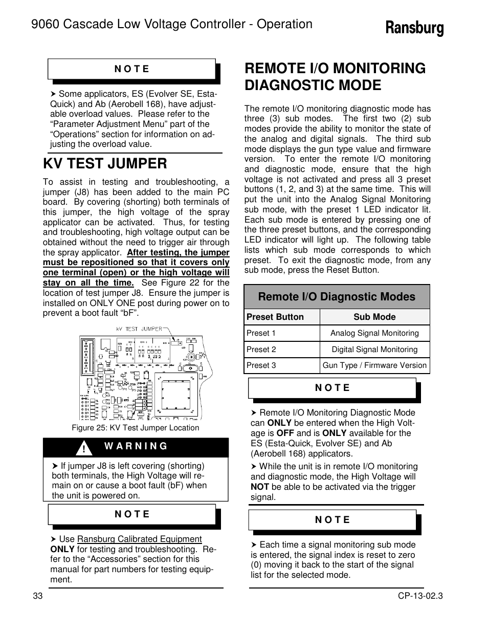 Kv test jumper, Remote i/o monitoring diagnostic mode, 9060 cascade low voltage controller - operation | Remote i/o diagnostic modes | Ransburg 9060 LV Cascade Controller 80120-XXX User Manual | Page 38 / 60