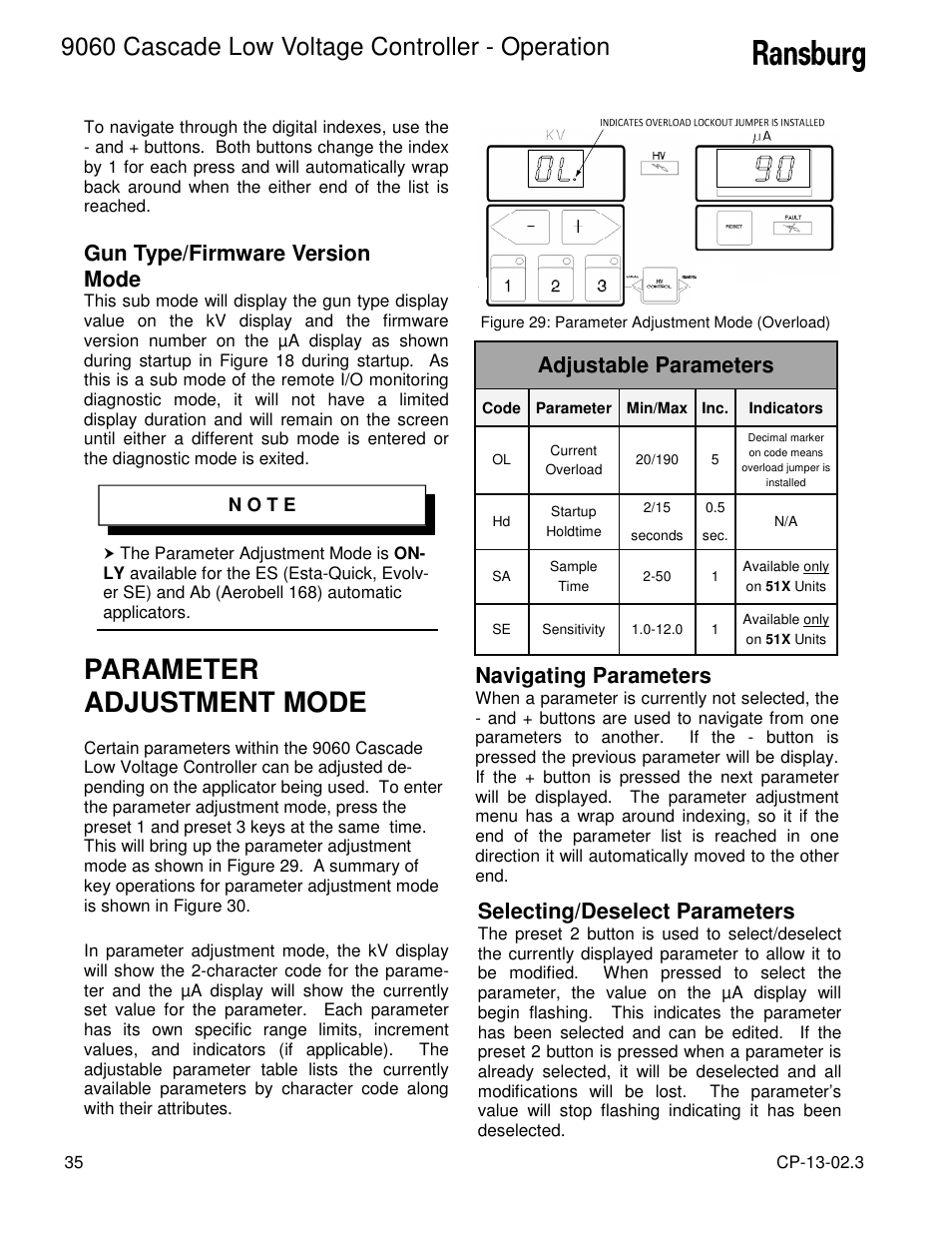 Parameter adjustment mode, 9060 cascade low voltage controller - operation, Gun type/firmware version mode | Navigating parameters, Selecting/deselect parameters, Adjustable parameters | Ransburg 9060 LV Cascade Controller 80120-XXX User Manual | Page 40 / 60