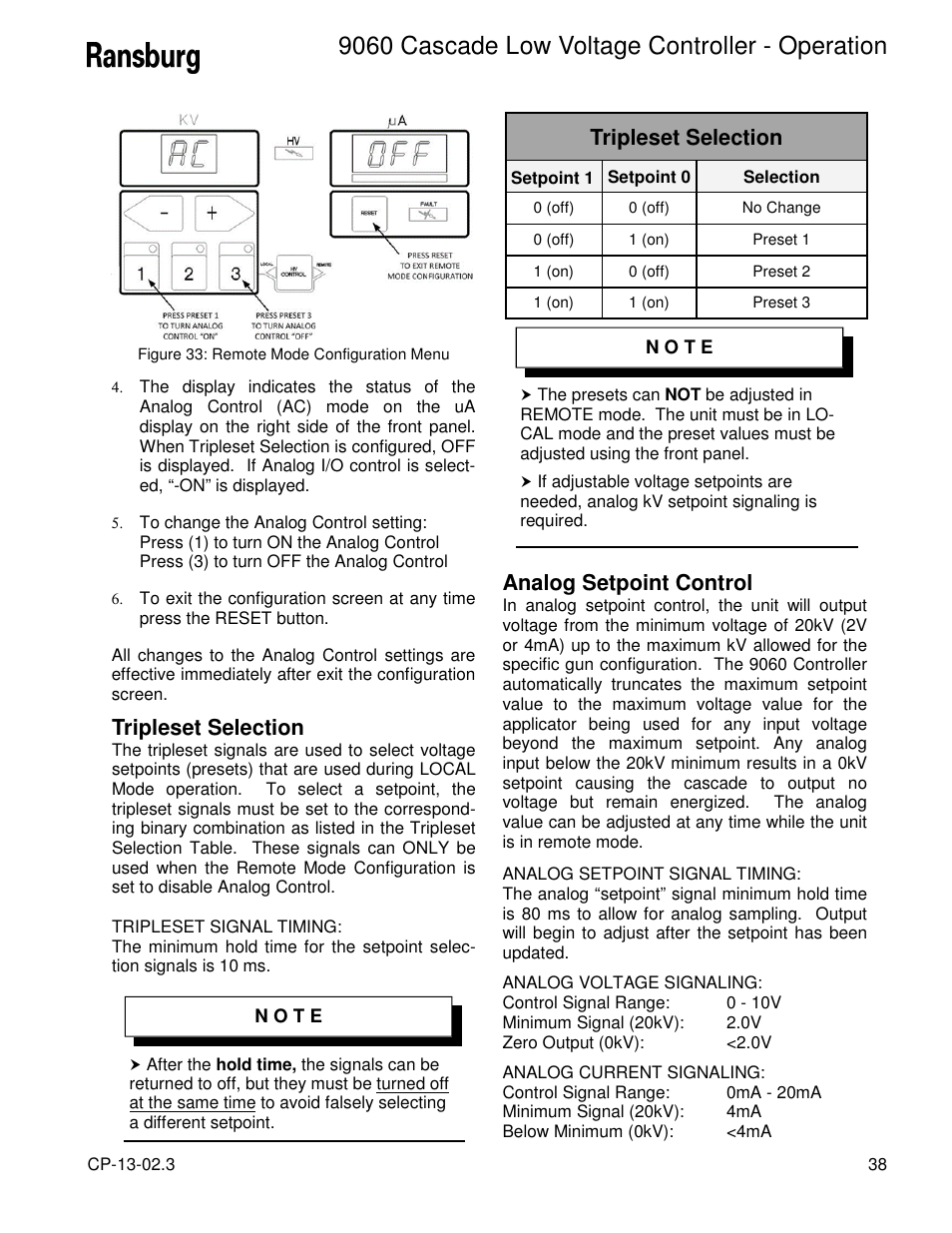 9060 cascade low voltage controller - operation, Tripleset selection, Analog setpoint control | Ransburg 9060 LV Cascade Controller 80120-XXX User Manual | Page 43 / 60