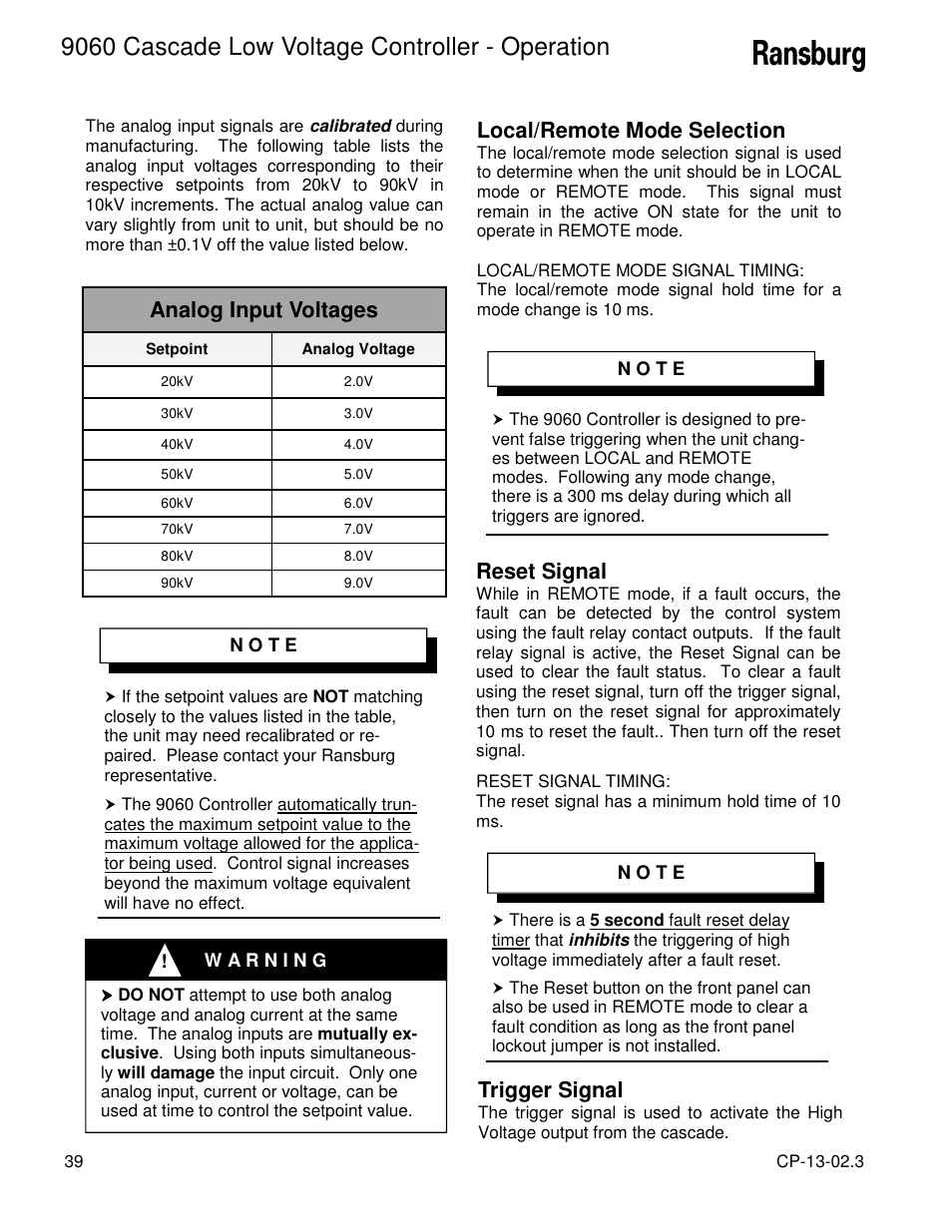 9060 cascade low voltage controller - operation, Local/remote mode selection, Reset signal | Trigger signal, Analog input voltages | Ransburg 9060 LV Cascade Controller 80120-XXX User Manual | Page 44 / 60