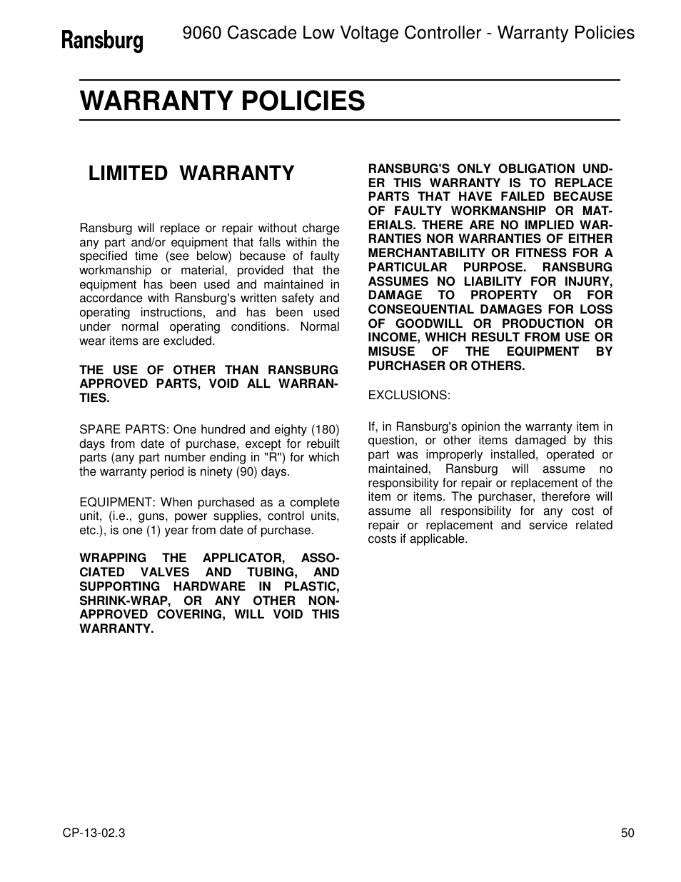 Warranty policies, Limited warranty | Ransburg 9060 LV Cascade Controller 80120-XXX User Manual | Page 55 / 60