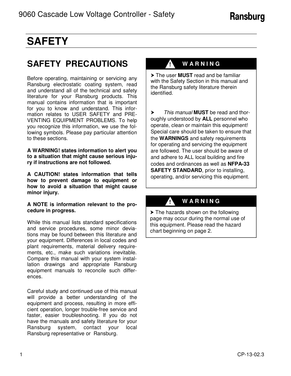 Safety, Safety precautions, 9060 cascade low voltage controller - safety | Ransburg 9060 LV Cascade Controller 80120-XXX User Manual | Page 6 / 60