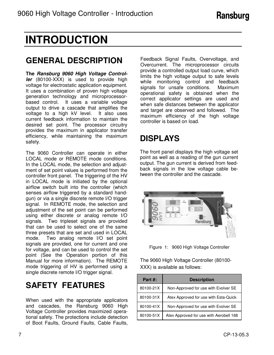 Introduction, General description, Safety features | Displays, 9060 high voltage controller - introduction | Ransburg 9060 HV Controller 80100-XXX User Manual | Page 12 / 60