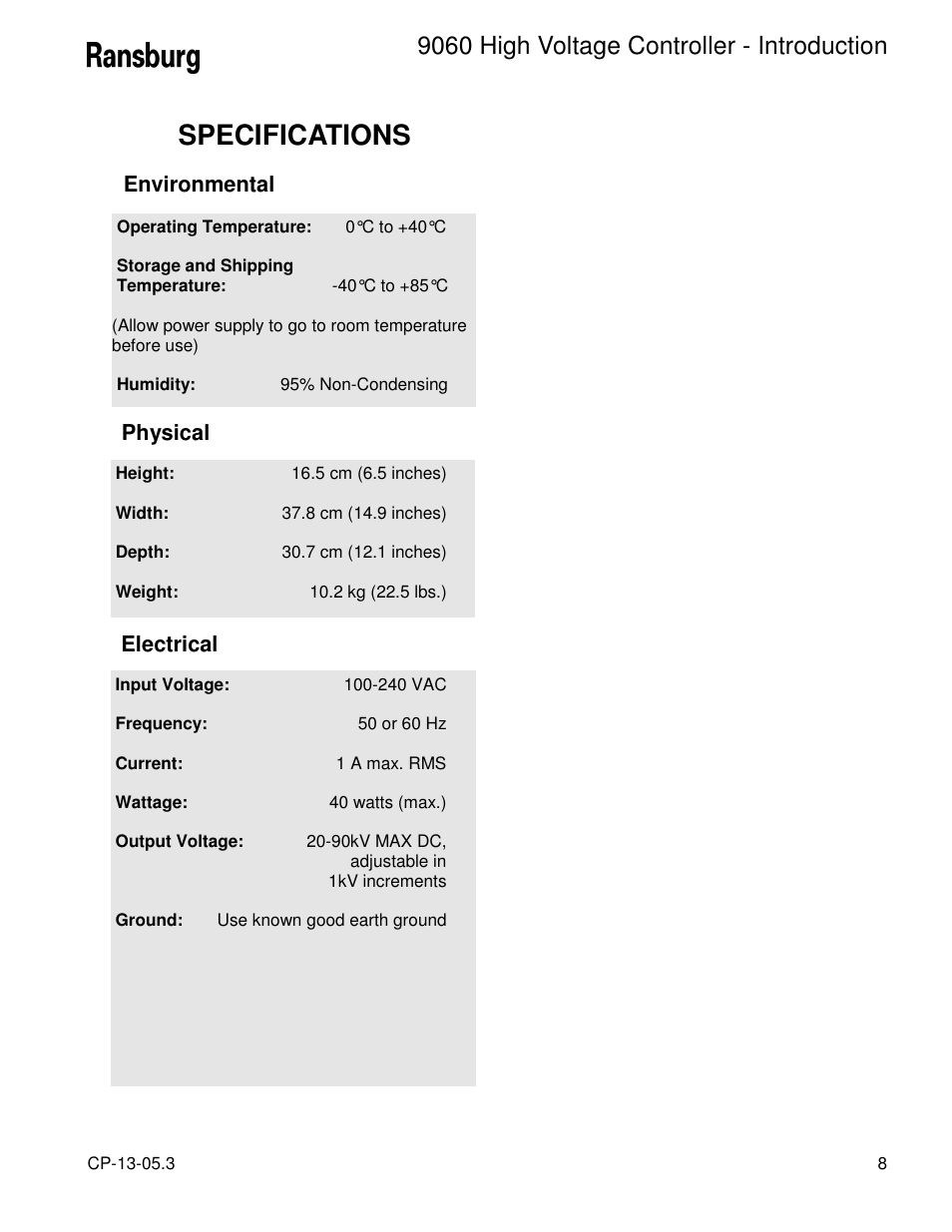 Specifications, 9060 high voltage controller - introduction | Ransburg 9060 HV Controller 80100-XXX User Manual | Page 13 / 60