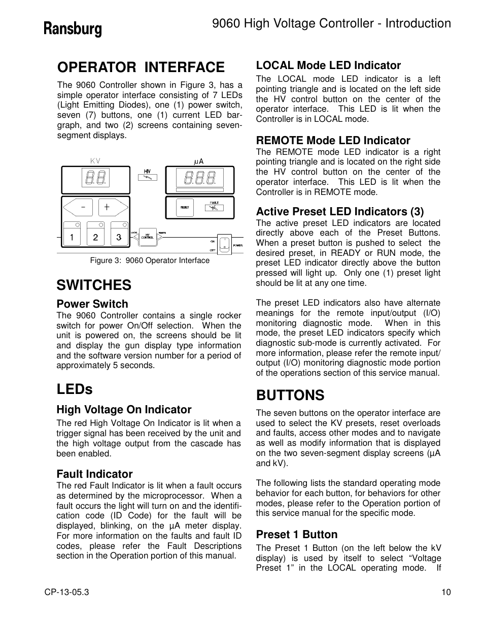 Operator interface, Switches, Leds | Buttons, 9060 high voltage controller - introduction | Ransburg 9060 HV Controller 80100-XXX User Manual | Page 15 / 60