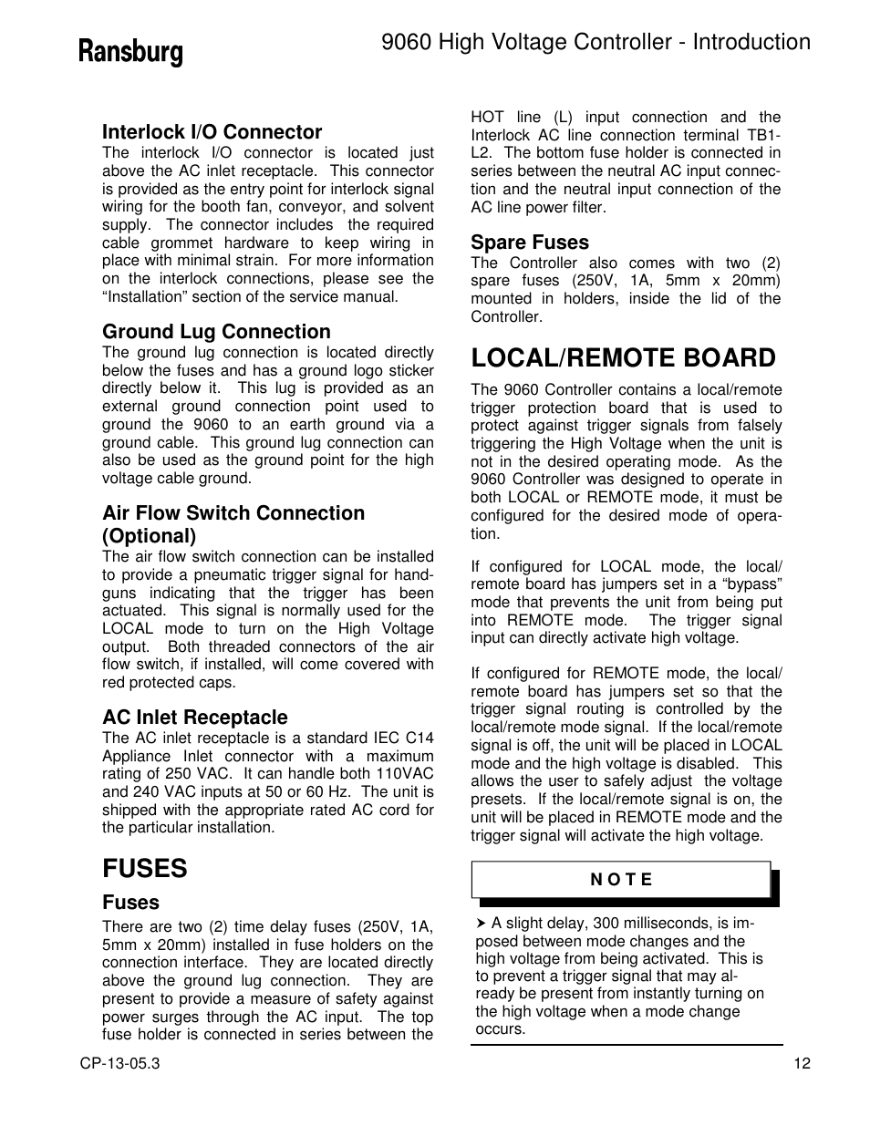 Fuses, Local/remote board, 9060 high voltage controller - introduction | Ransburg 9060 HV Controller 80100-XXX User Manual | Page 17 / 60