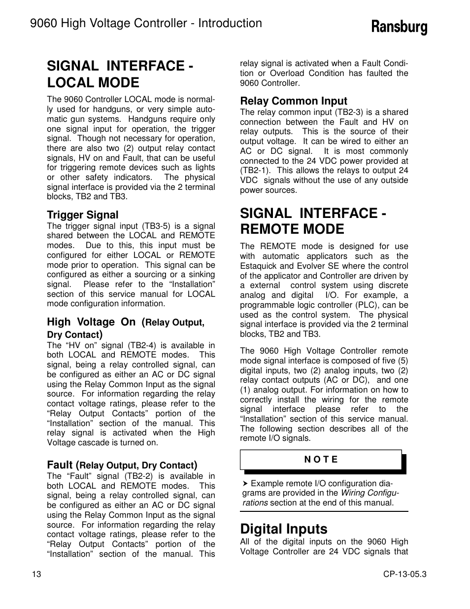 Signal interface - local mode, Signal interface - remote mode, Digital inputs | 9060 high voltage controller - introduction, Trigger signal, High voltage on, Fault, Relay common input | Ransburg 9060 HV Controller 80100-XXX User Manual | Page 18 / 60