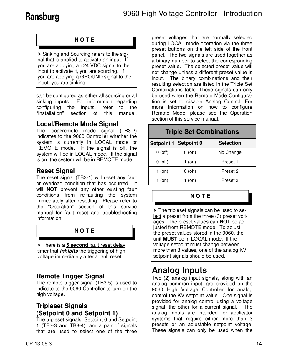 Analog inputs, 9060 high voltage controller - introduction, Local/remote mode signal | Reset signal, Remote trigger signal, Tripleset signals (setpoint 0 and setpoint 1), Triple set combinations | Ransburg 9060 HV Controller 80100-XXX User Manual | Page 19 / 60