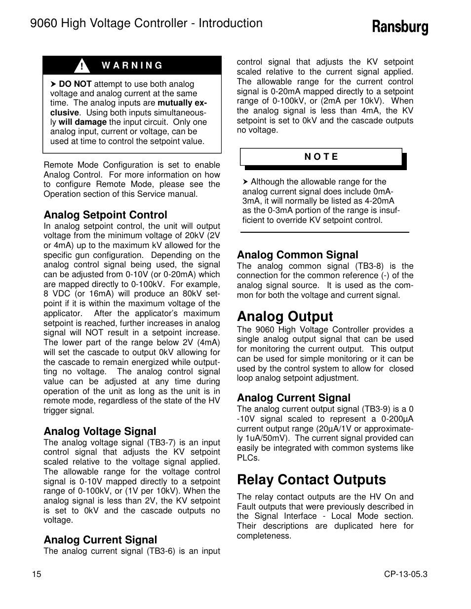 Analog output, Relay contact outputs, 9060 high voltage controller - introduction | Ransburg 9060 HV Controller 80100-XXX User Manual | Page 20 / 60