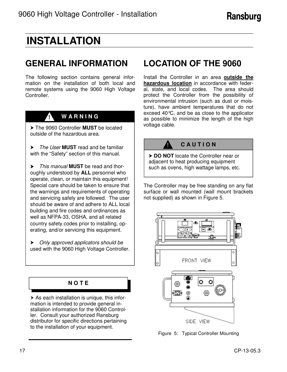 Installation, General information, Location of the 9060 | 9060 high voltage controller - installation | Ransburg 9060 HV Controller 80100-XXX User Manual | Page 22 / 60