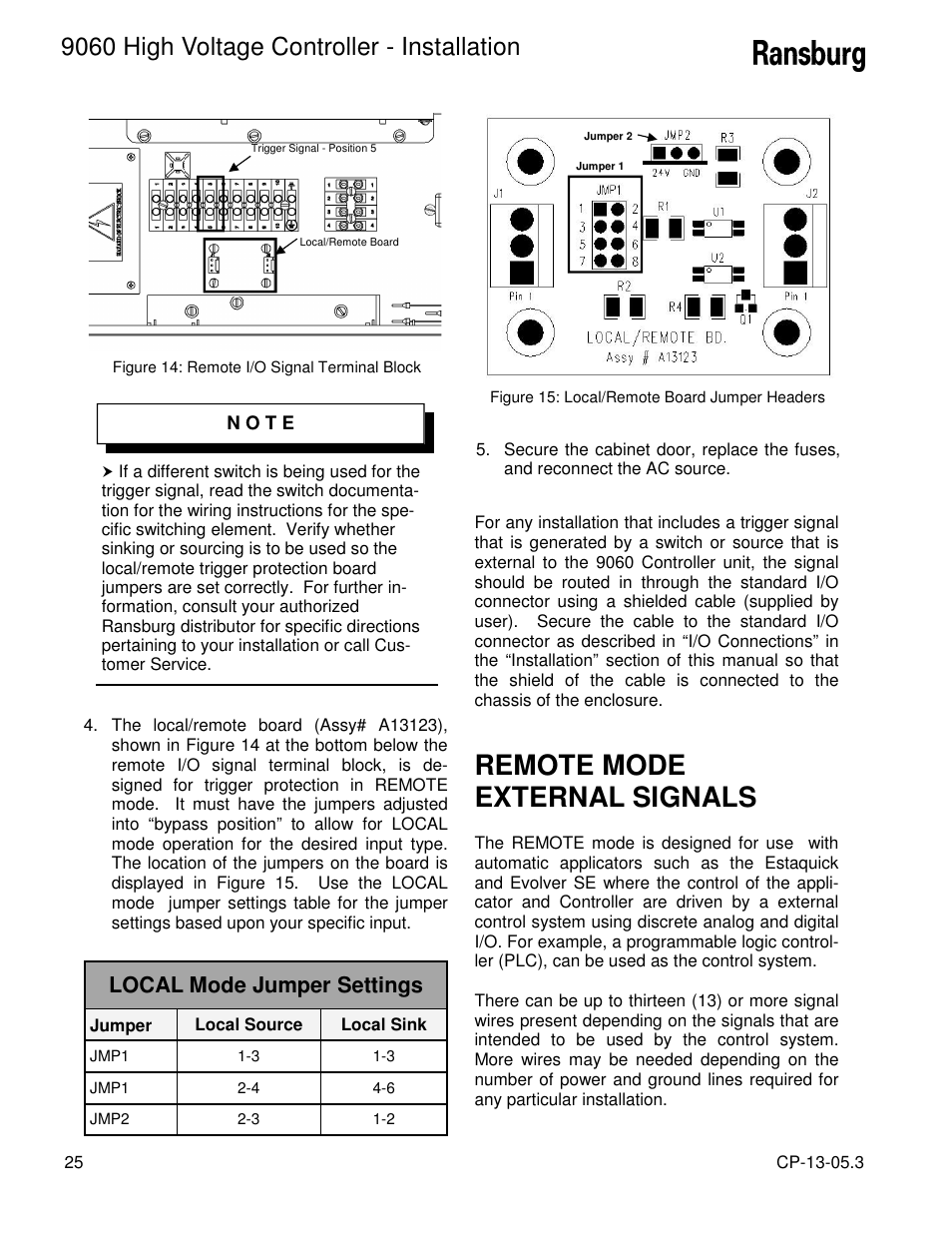 Remote mode external signals, 9060 high voltage controller - installation, Local mode jumper settings | Ransburg 9060 HV Controller 80100-XXX User Manual | Page 30 / 60