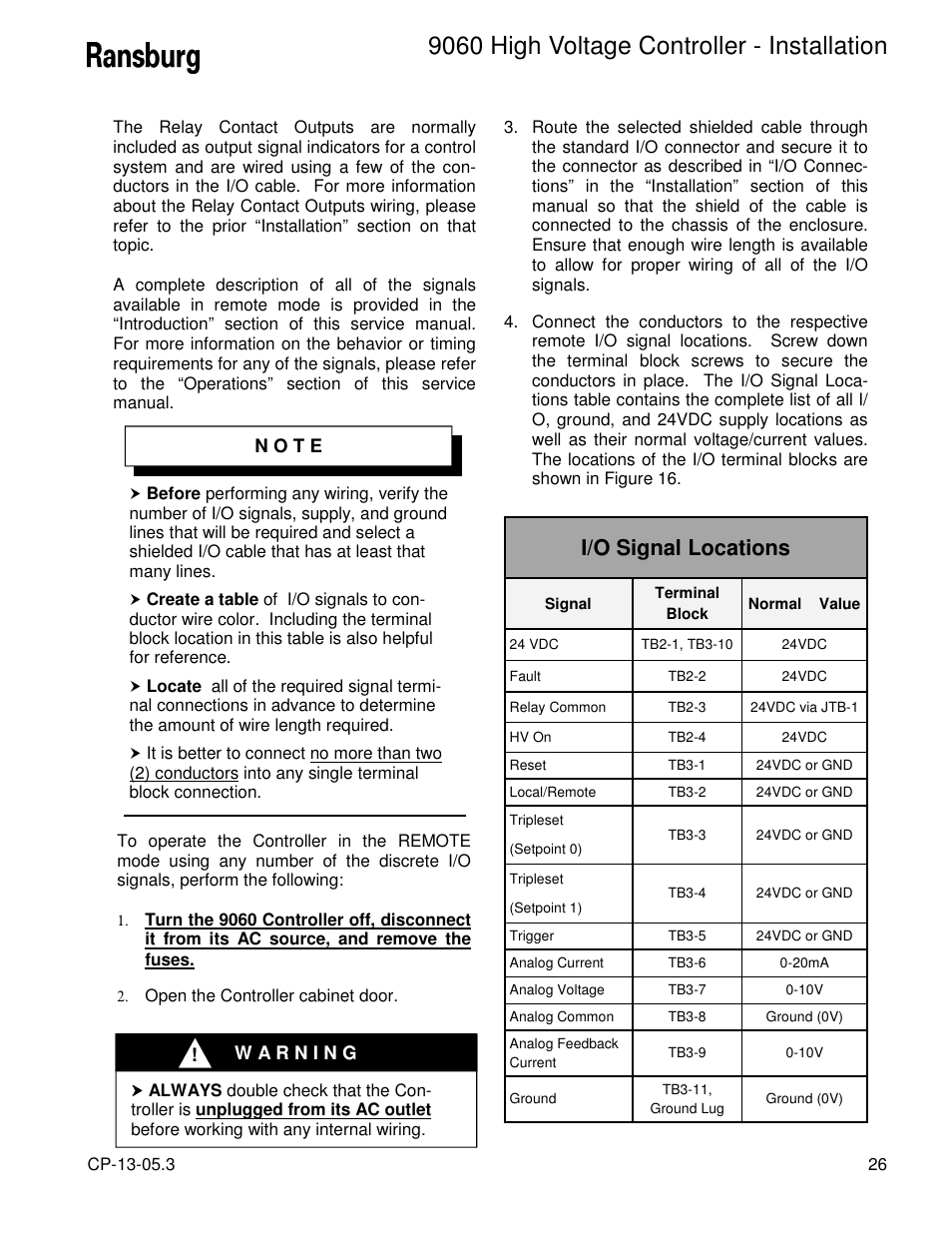 9060 high voltage controller - installation, I/o signal locations | Ransburg 9060 HV Controller 80100-XXX User Manual | Page 31 / 60