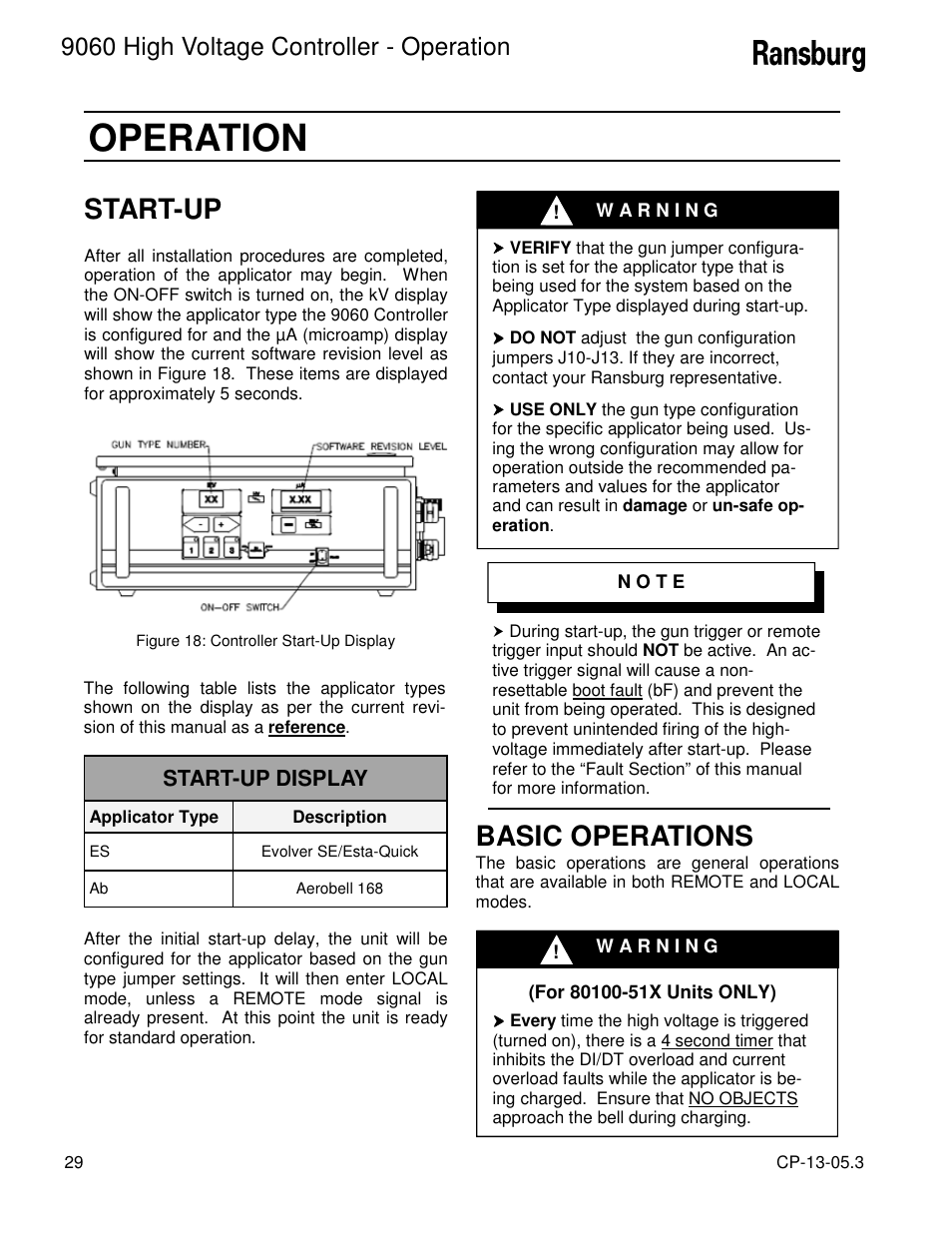 Operation, Start-up, Basic operations | 9060 high voltage controller - operation, Start-up display | Ransburg 9060 HV Controller 80100-XXX User Manual | Page 34 / 60