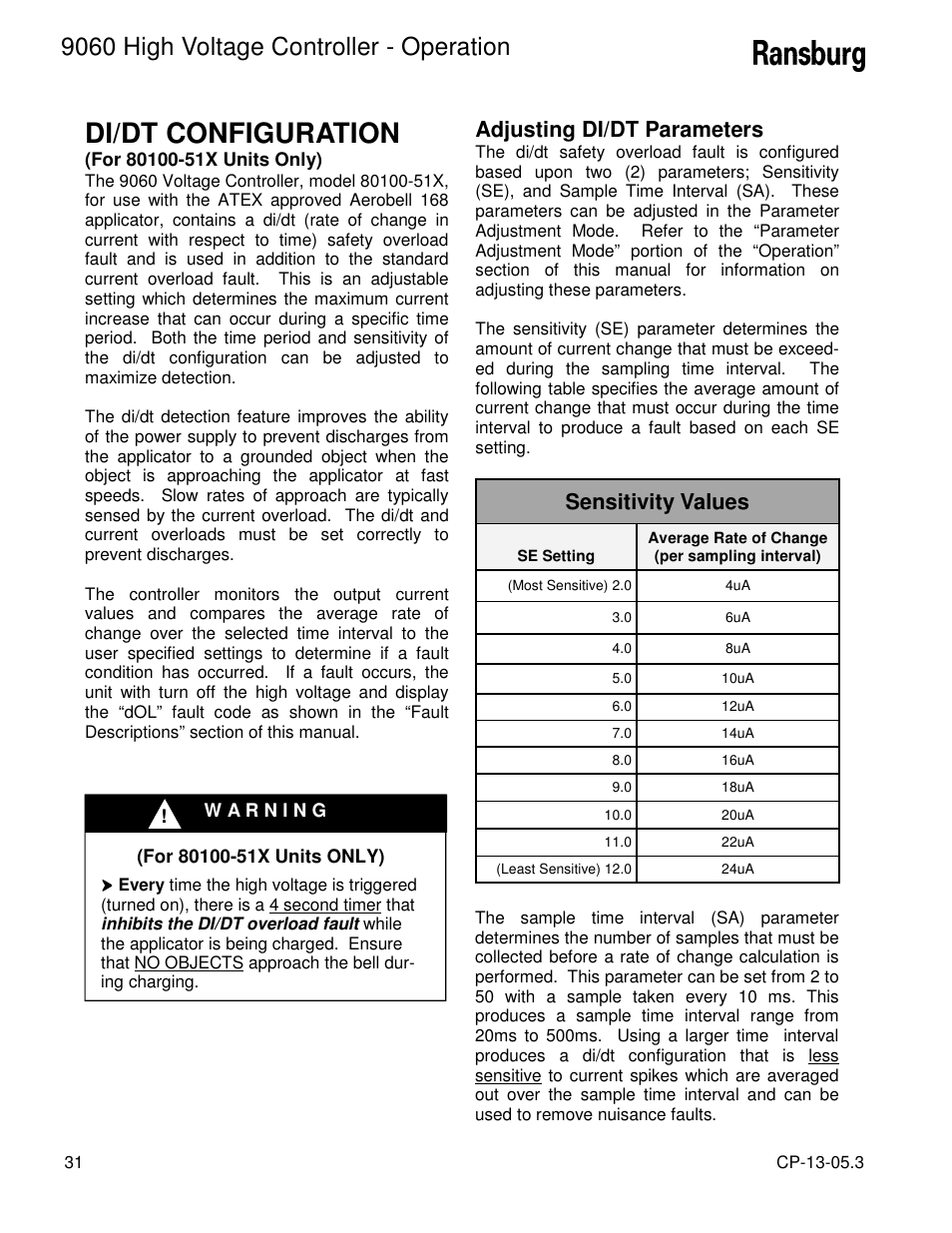 Di/dt configuration, 9060 high voltage controller - operation, Adjusting di/dt parameters | Sensitivity values | Ransburg 9060 HV Controller 80100-XXX User Manual | Page 36 / 60