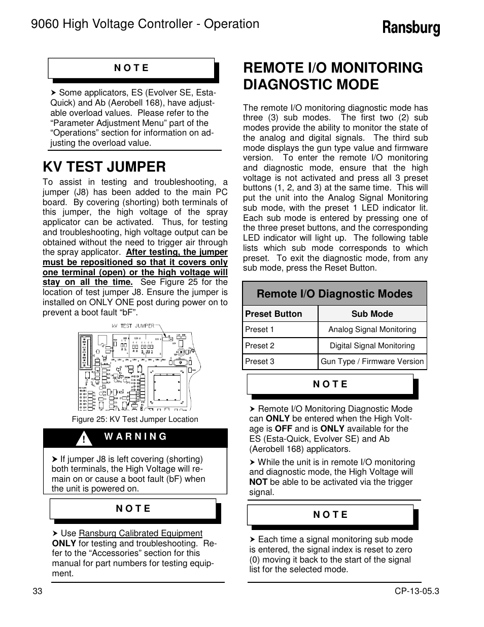 Kv test jumper, Remote i/o monitoring diagnostic mode, 9060 high voltage controller - operation | Remote i/o diagnostic modes | Ransburg 9060 HV Controller 80100-XXX User Manual | Page 38 / 60