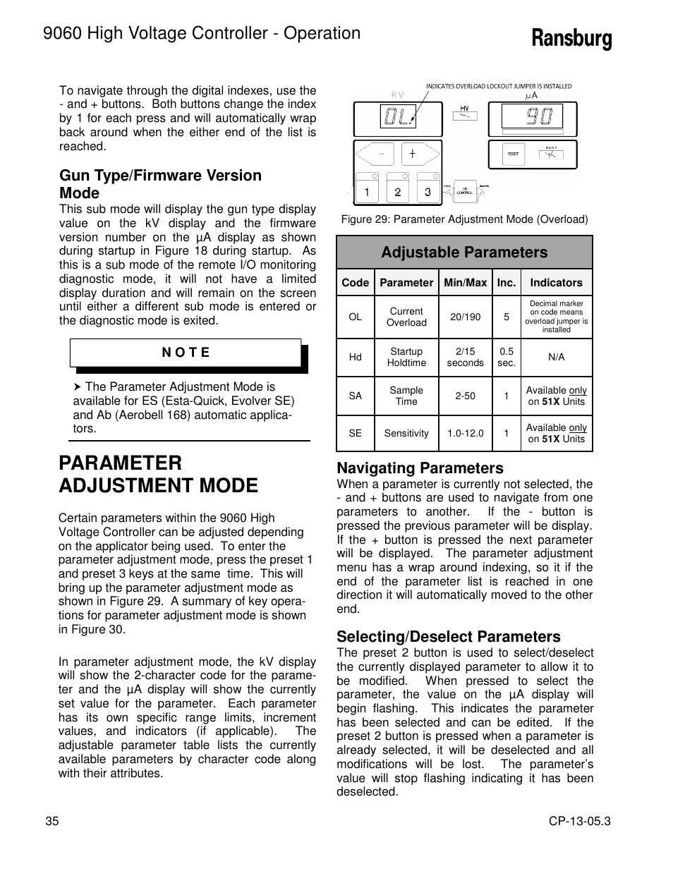 Parameter adjustment mode, 9060 high voltage controller - operation, Navigating parameters | Adjustable parameters, Selecting/deselect parameters, Gun type/firmware version mode | Ransburg 9060 HV Controller 80100-XXX User Manual | Page 40 / 60